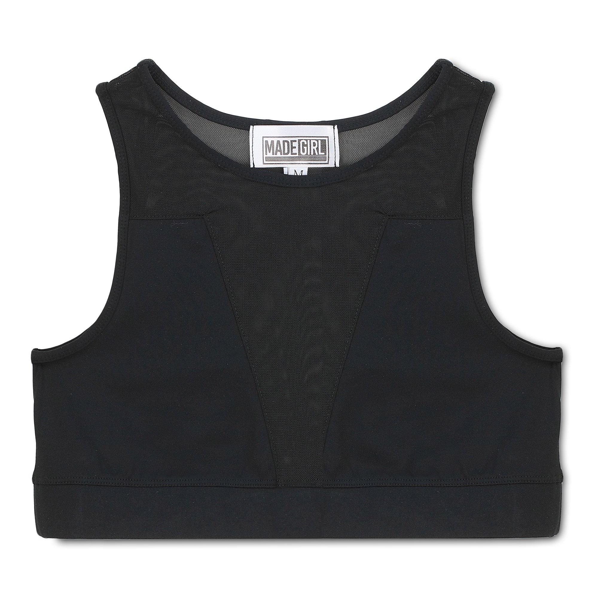 ELITE COLLECTION** Black Sports Bra styled with a V-Shaped Mesh